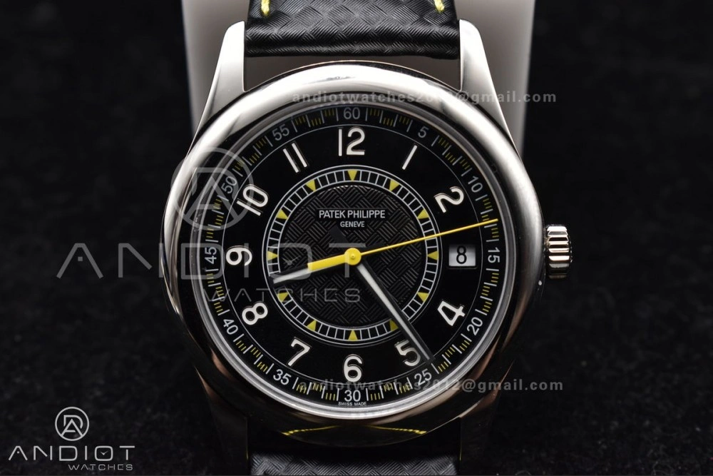 Calatrava 6007G SS PPF 1:1 Best Edition Black Yellow Dial on Black Leather Strap 330CS