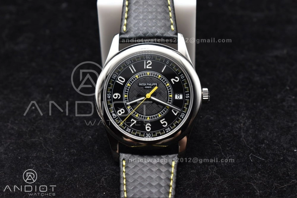 Calatrava 6007G SS PPF 1:1 Best Edition Black Yellow Dial on Black Leather Strap 330CS