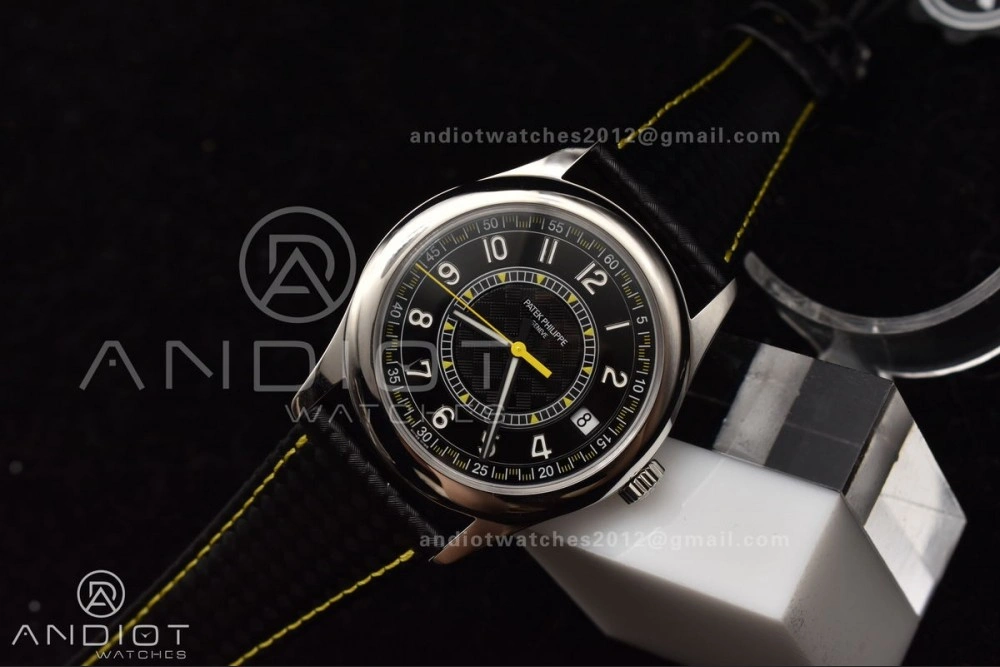 Calatrava 6007G SS PPF 1:1 Best Edition Black Yellow Dial on Black Leather Strap 330CS