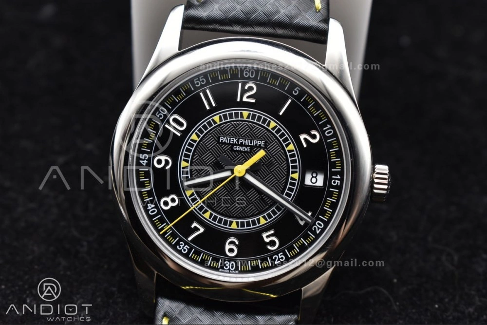 Calatrava 6007G SS PPF 1:1 Best Edition Black Yellow Dial on Black Leather Strap 330CS