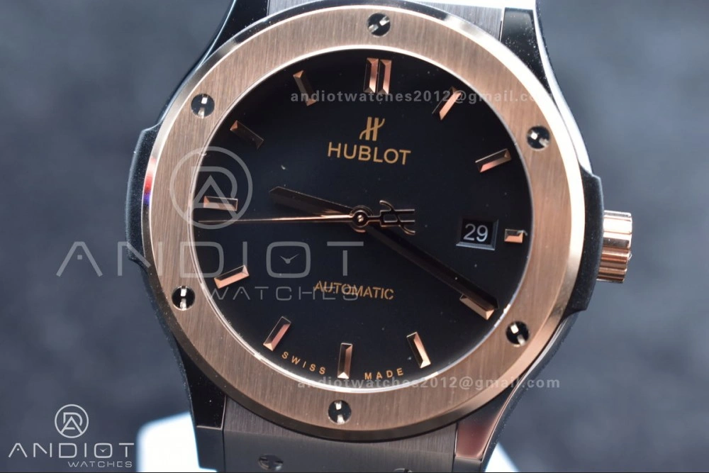 Classic Fusion 45mm RG HBF 1:1 Best Edition Black Dial on Black Gummy Strap A2892