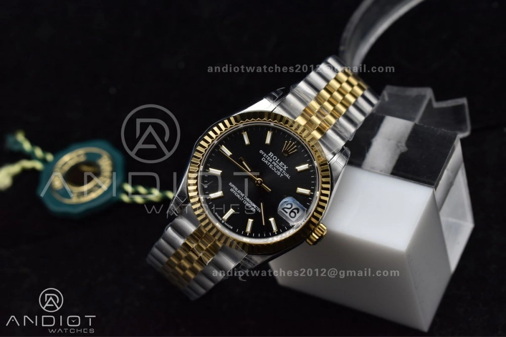 DateJust 31 Ladies 278273 GSF 316L Steel Black Dial Stick Markers on YG President Bracelet