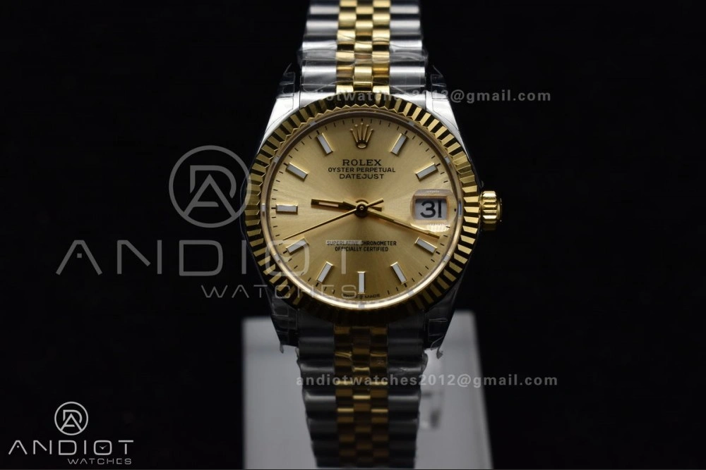 DateJust 31 Ladies 278273 GSF 316L Steel Gold Dial Stick Markers On YG President Bracelet