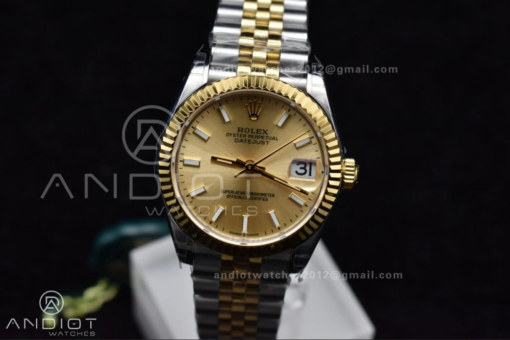 DateJust 31 Ladies 278273 GSF 316L Steel Gold Dial Stick Markers On YG President Bracelet