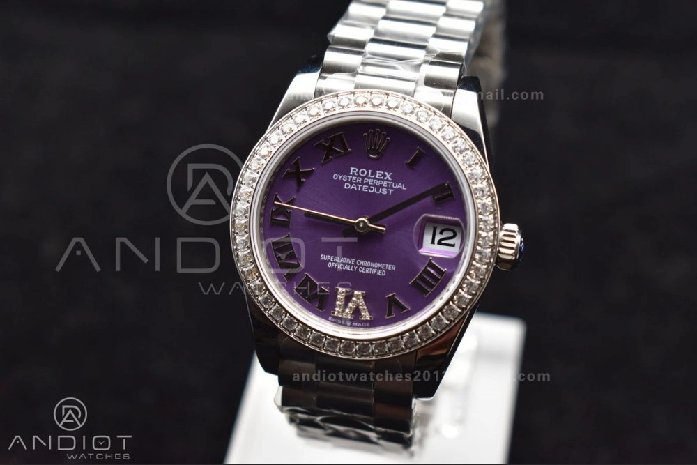 DateJust 31 Ladies 278289 BPF 316L Steel Diamonds Bezel Purple Dial Roman Markers on President Style Bracelet
