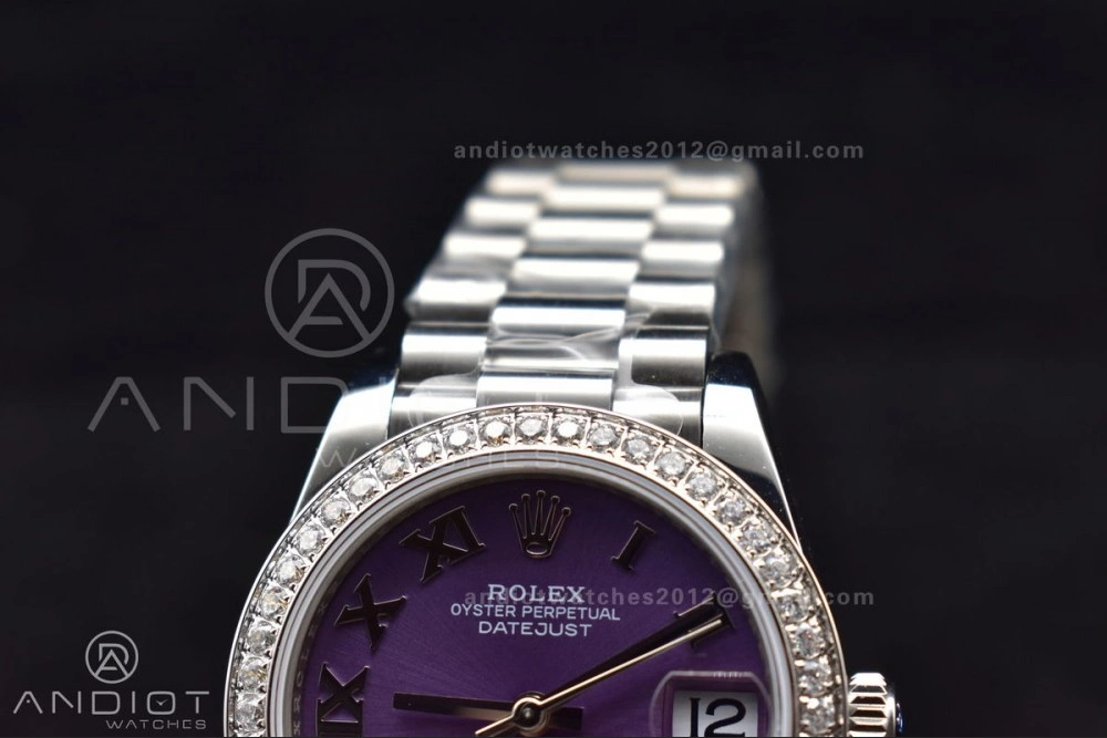 DateJust 31 Ladies 278289 BPF 316L Steel Diamonds Bezel Purple Dial Roman Markers on President Style Bracelet