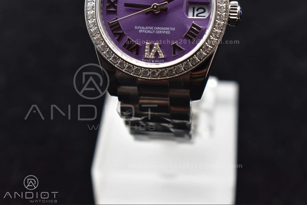 DateJust 31 Ladies 278289 BPF 316L Steel Diamonds Bezel Purple Dial Roman Markers on President Style Bracelet