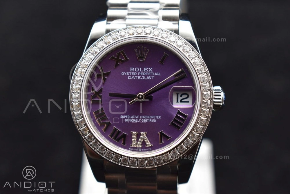 DateJust 31 Ladies 278289 BPF 316L Steel Diamonds Bezel Purple Dial Roman Markers on President Style Bracelet