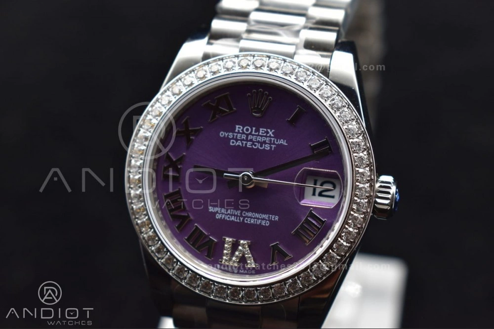 DateJust 31 Ladies 278289 BPF 316L Steel Diamonds Bezel Purple Dial Roman Markers on President Style Bracelet
