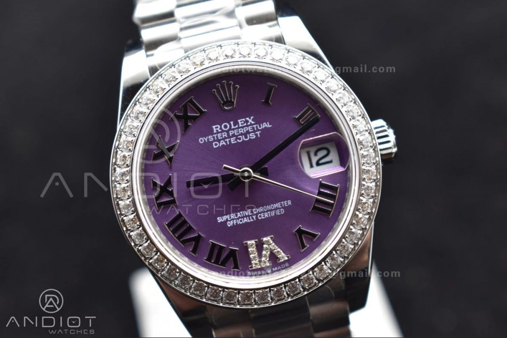 DateJust 31 Ladies 278289 BPF 316L Steel Diamonds Bezel Purple Dial Roman Markers on President Style Bracelet