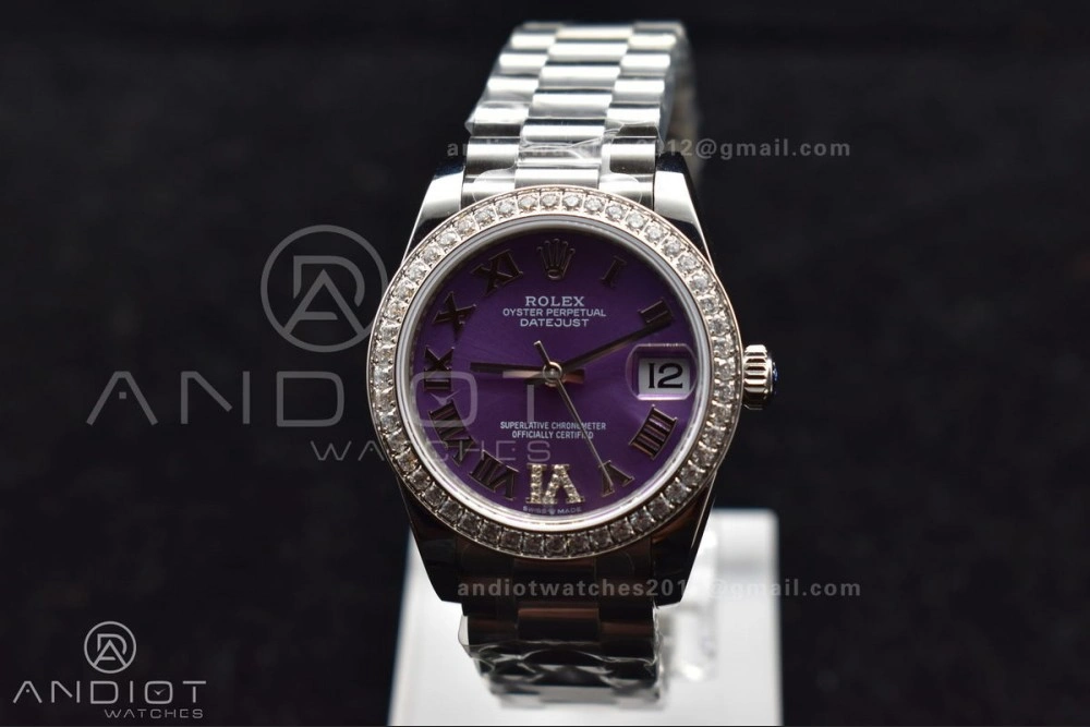DateJust 31 Ladies 278289 BPF 316L Steel Diamonds Bezel Purple Dial Roman Markers on President Style Bracelet
