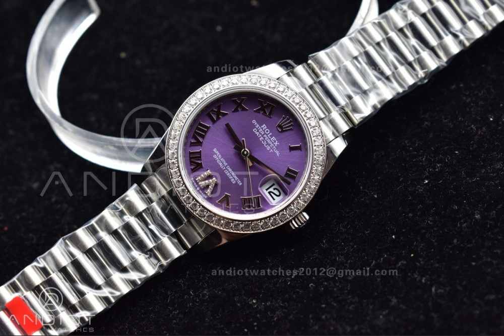 DateJust 31 Ladies 278289 BPF 316L Steel Diamonds Bezel Purple Dial Roman Markers on President Style Bracelet