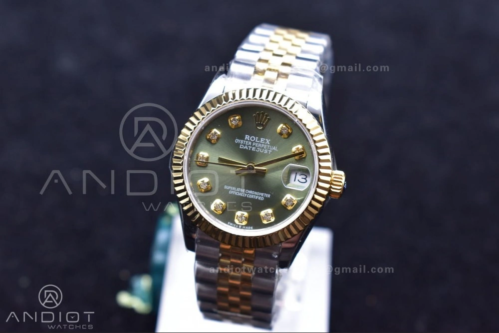 DateJust 31 Ladies 278289 WF 316L Steel Green Dial Fluted Bezel and Markers on President Syle Bracelet