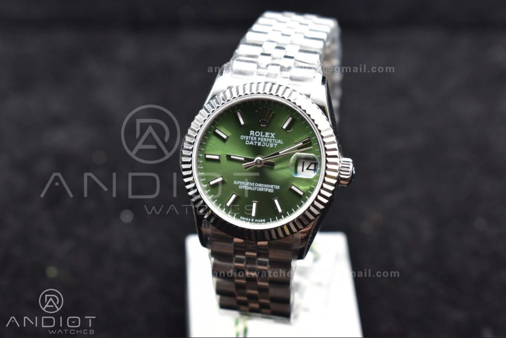DateJust 31 Ladies 278289 WF 316L Steel Green Dial Stick Markers on President Syle Bracelet