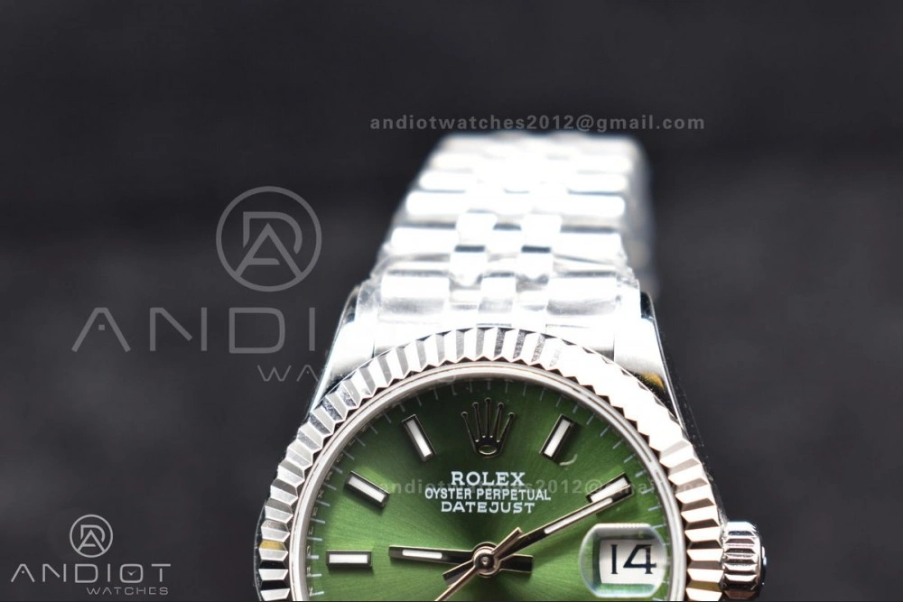 DateJust 31 Ladies 278289 WF 316L Steel Green Dial Stick Markers on President Syle Bracelet