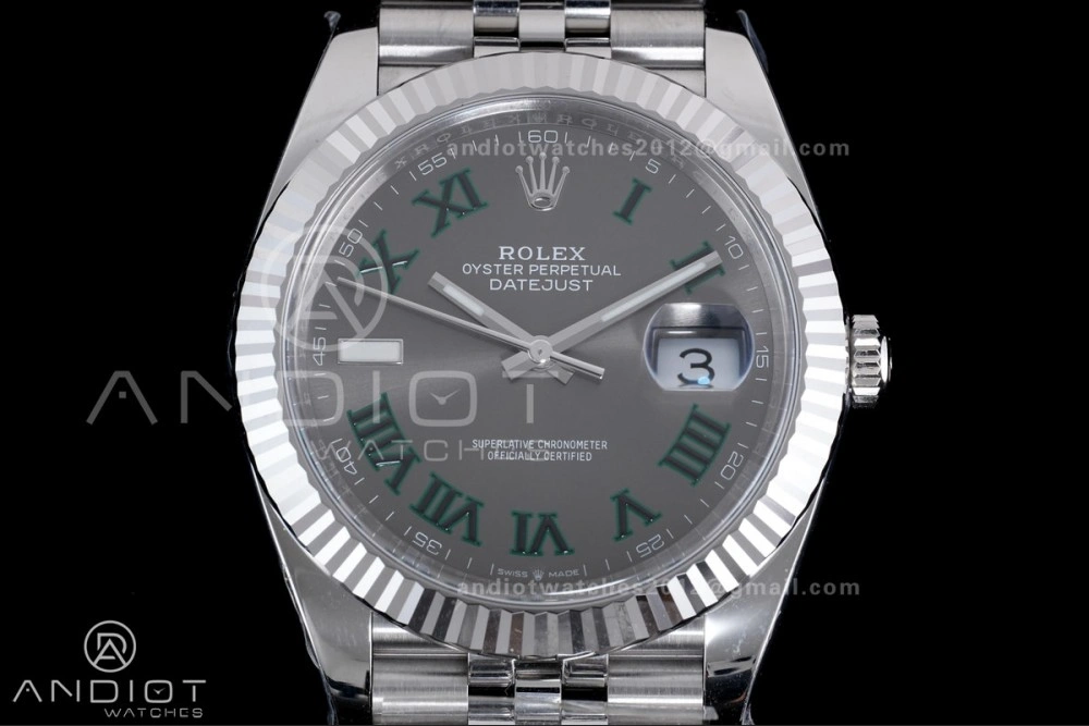 Datejust 41 SS 904L Steel Clean 1:1 Best Edition Gray Dial Green Roman on SS Bracelet SH3235