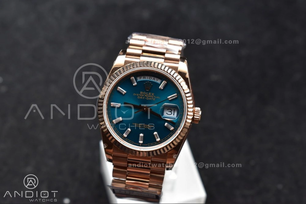 DayDate 36 RG QF Best Edition 904L Steel Blue Dial with Stick Diamond on President Bracelet vr3255 V5 (Gain Weight)