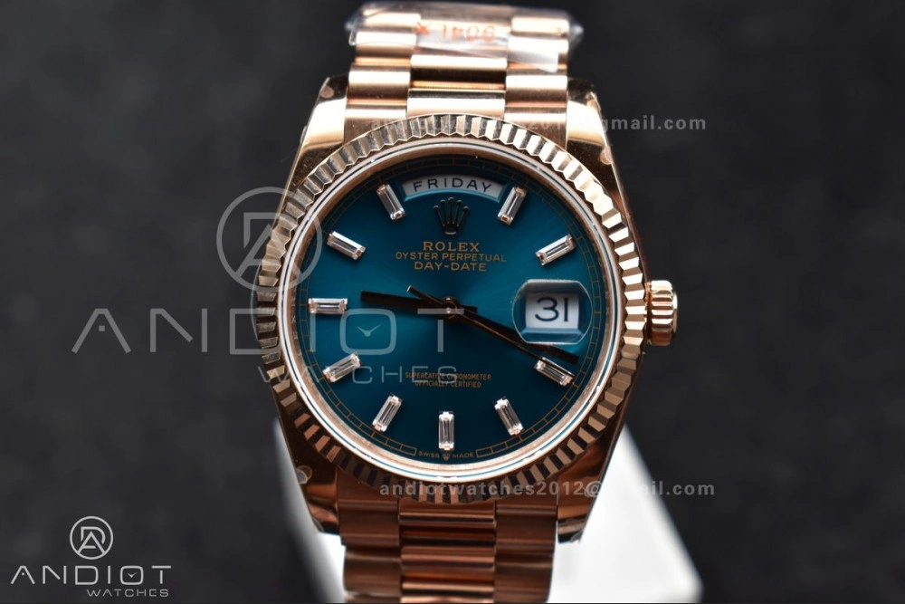 DayDate 36 RG QF Best Edition 904L Steel Blue Dial with Stick Diamond on President Bracelet vr3255 V5 (Gain Weight)