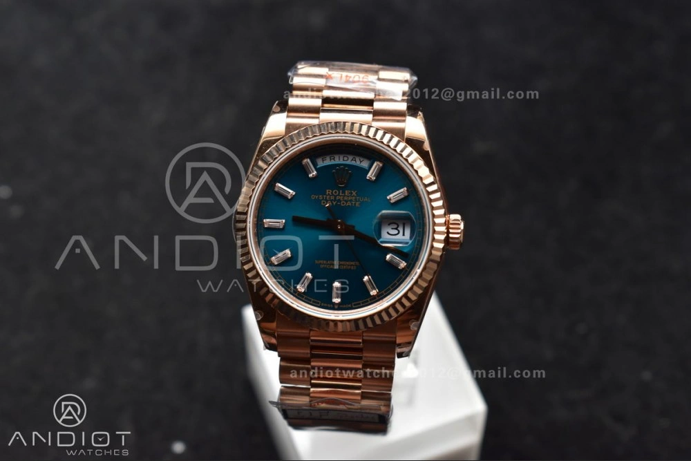 DayDate 36 RG QF Best Edition 904L Steel Blue Dial with Stick Diamond on President Bracelet vr3255 V5 (Gain Weight)