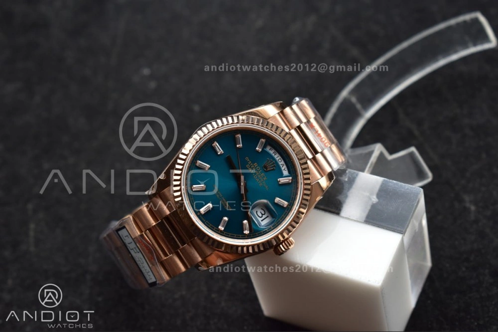 DayDate 36 RG QF Best Edition 904L Steel Blue Dial with Stick Diamond on President Bracelet vr3255 V5 (Gain Weight)