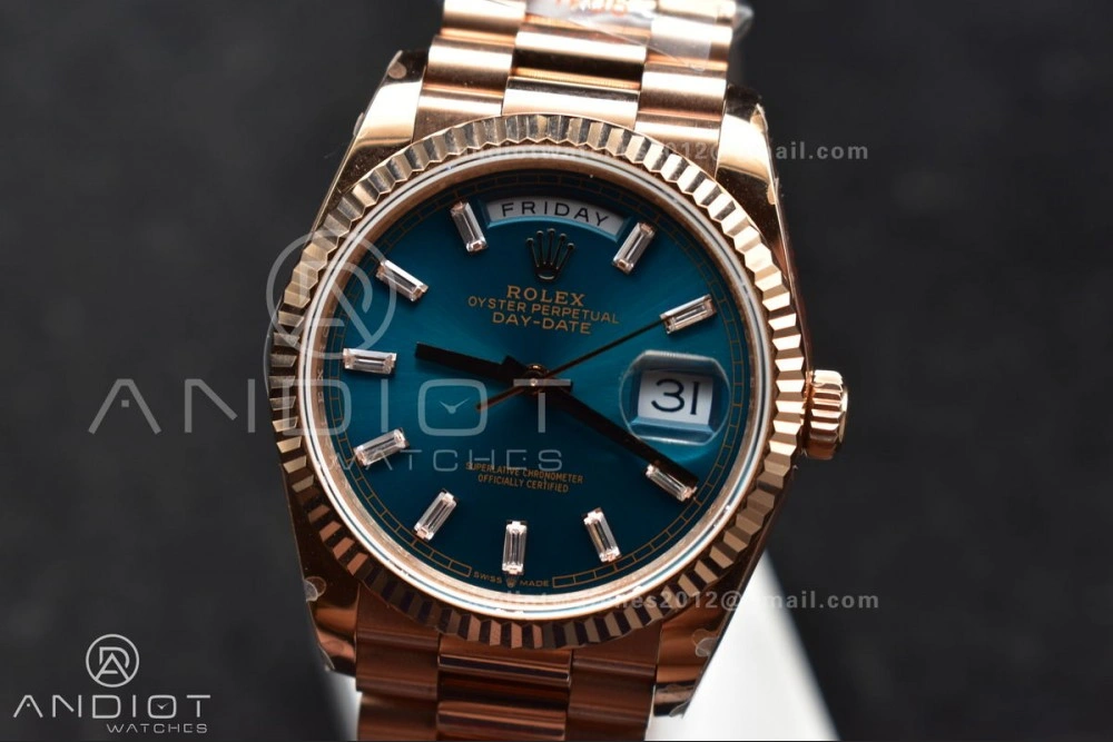 DayDate 36 RG QF Best Edition 904L Steel Blue Dial with Stick Diamond on President Bracelet vr3255 V5 (Gain Weight)