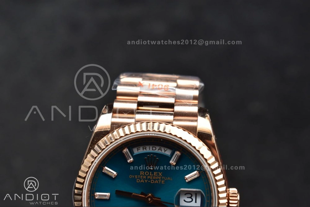 DayDate 36 RG QF Best Edition 904L Steel Blue Dial with Stick Diamond on President Bracelet vr3255 V5 (Gain Weight)