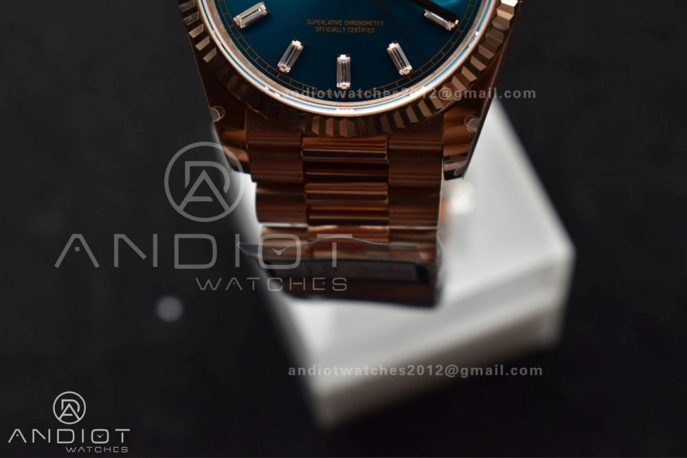 DayDate 36 RG QF Best Edition 904L Steel Blue Dial with Stick Diamond on President Bracelet vr3255 V5 (Gain Weight)