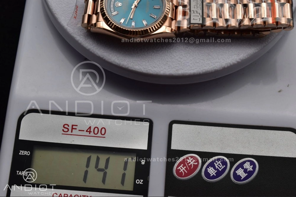 DayDate 36 RG QF Best Edition 904L Steel Blue Dial with Stick Diamond on President Bracelet vr3255 V5 (Gain Weight)