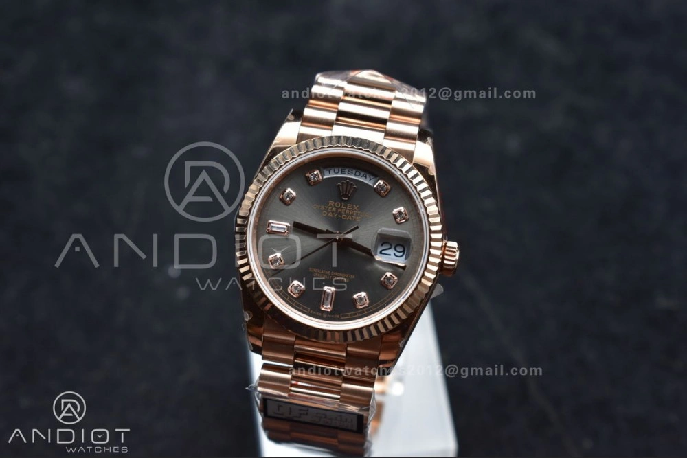 DayDate 36 RG QF Best Edition 904L Steel Grey Dial with Square Diamond on President Bracelet vr3255 V5 (Gain Weight)