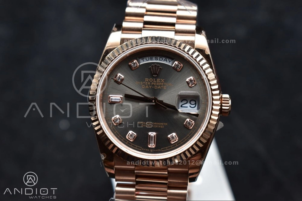 DayDate 36 RG QF Best Edition 904L Steel Grey Dial with Square Diamond on President Bracelet vr3255 V5 (Gain Weight)