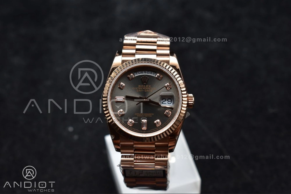 DayDate 36 RG QF Best Edition 904L Steel Grey Dial with Square Diamond on President Bracelet vr3255 V5 (Gain Weight)