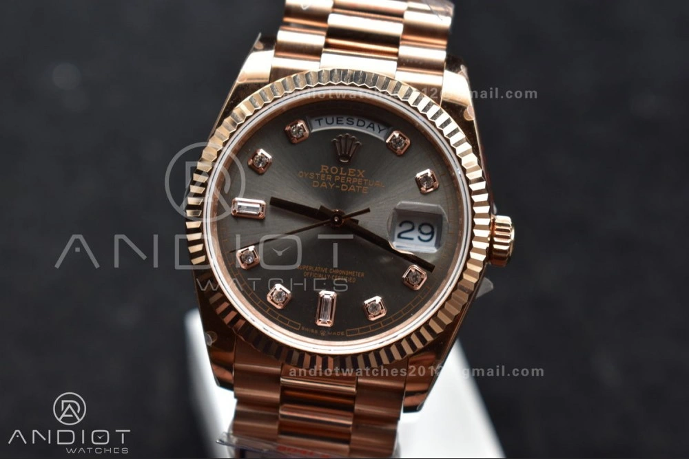 DayDate 36 RG QF Best Edition 904L Steel Grey Dial with Square Diamond on President Bracelet vr3255 V5 (Gain Weight)