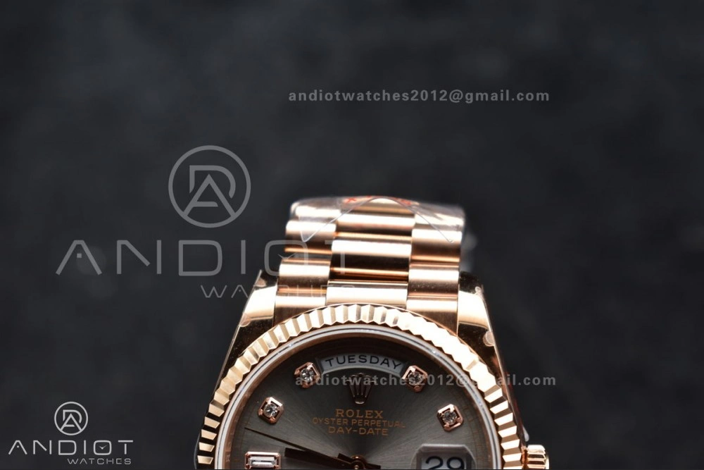 DayDate 36 RG QF Best Edition 904L Steel Grey Dial with Square Diamond on President Bracelet vr3255 V5 (Gain Weight)