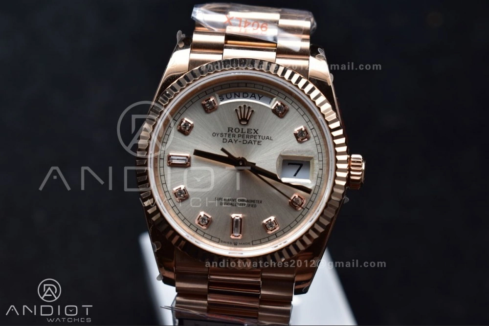 DayDate 36 RG QF Best Edition 904L Steel Silver Dial with Square Diamond on President Bracelet vr3255 V5 (Gain Weight)