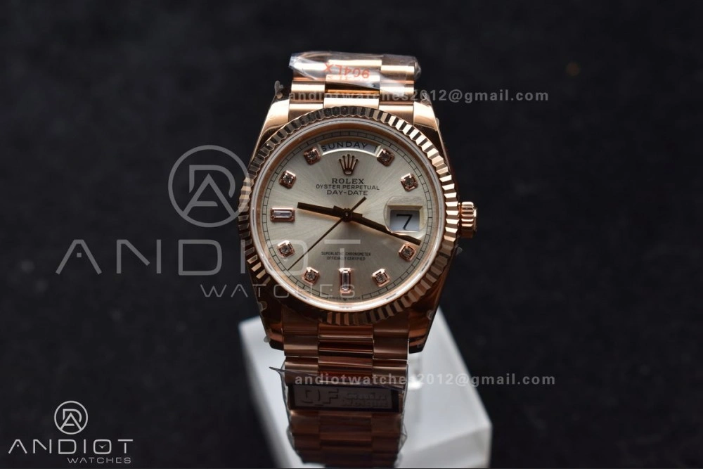 DayDate 36 RG QF Best Edition 904L Steel Silver Dial with Square Diamond on President Bracelet vr3255 V5 (Gain Weight)