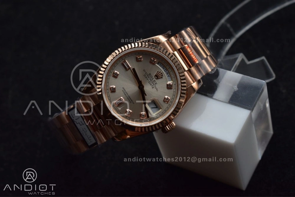 DayDate 36 RG QF Best Edition 904L Steel Silver Dial with Square Diamond on President Bracelet vr3255 V5 (Gain Weight)