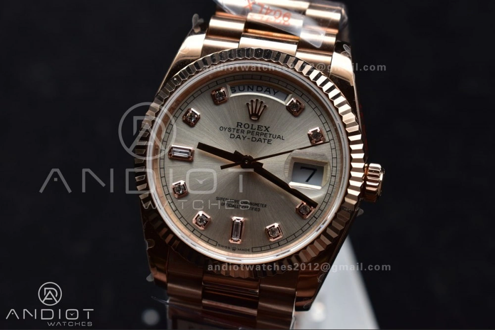 DayDate 36 RG QF Best Edition 904L Steel Silver Dial with Square Diamond on President Bracelet vr3255 V5 (Gain Weight)