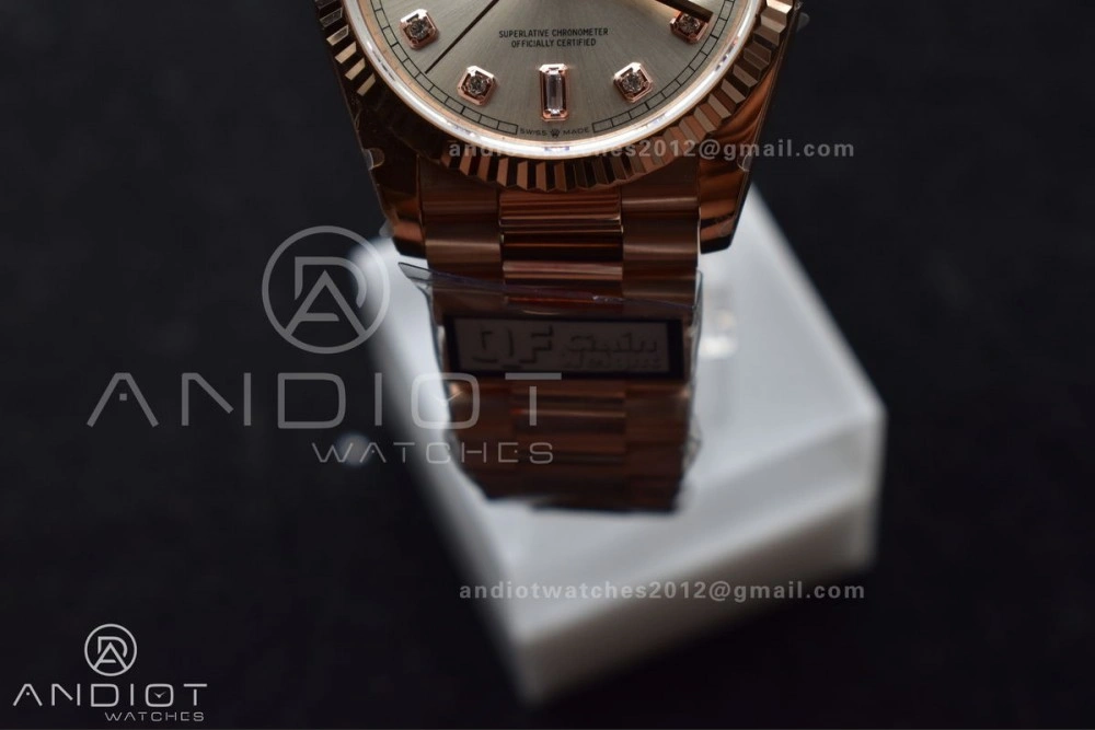 DayDate 36 RG QF Best Edition 904L Steel Silver Dial with Square Diamond on President Bracelet vr3255 V5 (Gain Weight)