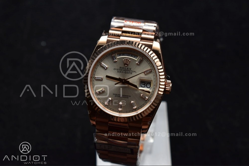 DayDate 36 RG QF Best Edition 904L Steel Silver Dial with Stick Diamond on President Bracelet vr3255 V5 (Gain Weight)