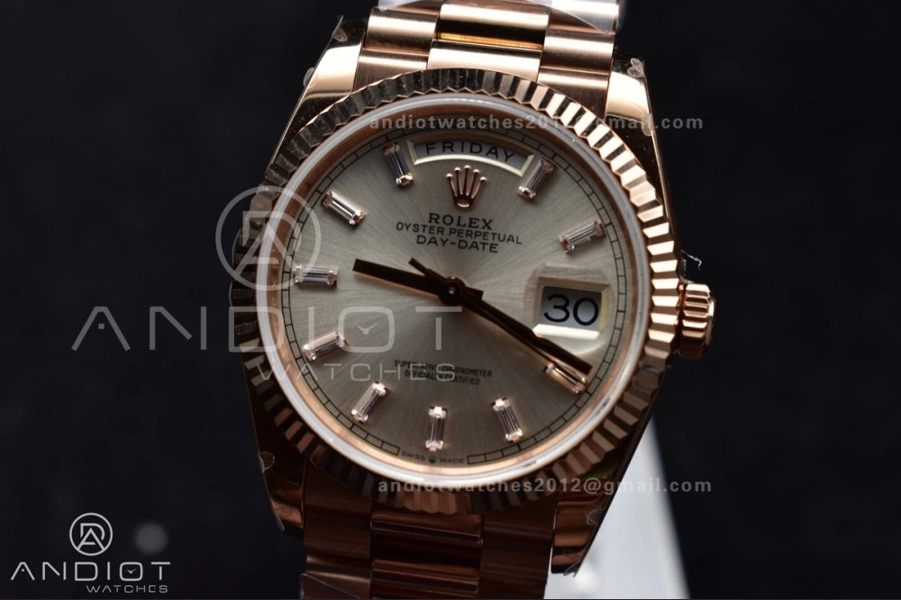 DayDate 36 RG QF Best Edition 904L Steel Silver Dial with Stick Diamond on President Bracelet vr3255 V5 (Gain Weight)