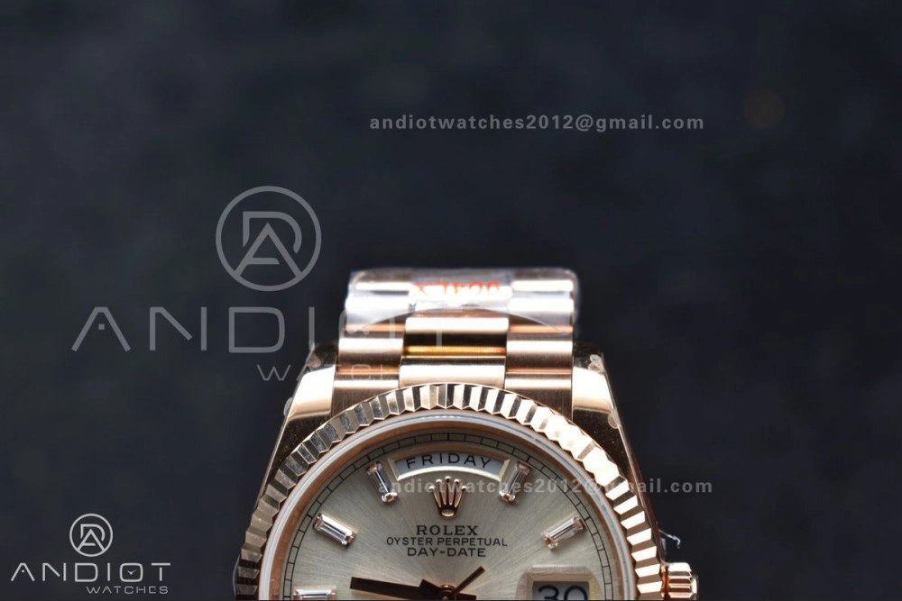 DayDate 36 RG QF Best Edition 904L Steel Silver Dial with Stick Diamond on President Bracelet vr3255 V5 (Gain Weight)