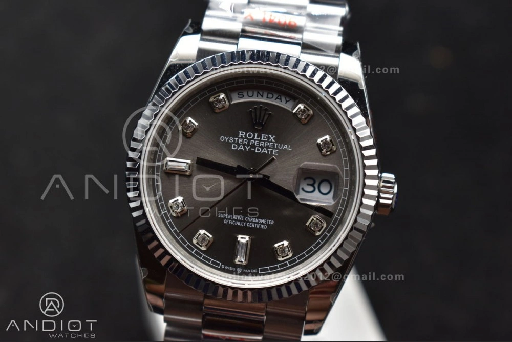 DayDate 36 SS QF Best Edition 904L Steel Grey Diamond Dial on President Bracelet vr3255 V5 (Gain Weight)