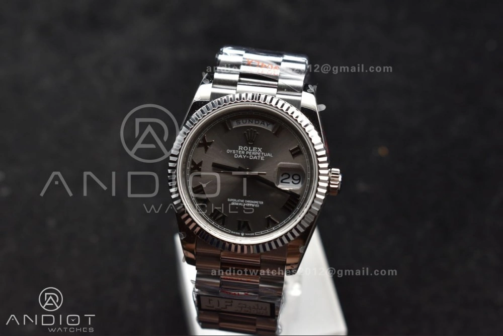 DayDate 36 SS QF Best Edition 904L Steel Grey Roman Dial on President Bracelet vr3255 V5 (Gain Weight)