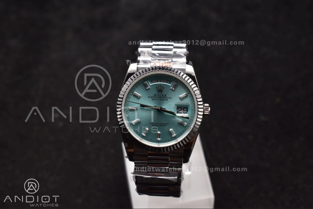 DayDate 36 SS QF Best Edition 904L Steel Light Blue Dial with Stick Diamond on President Bracelet vr3255 V5 (Gain Weight)