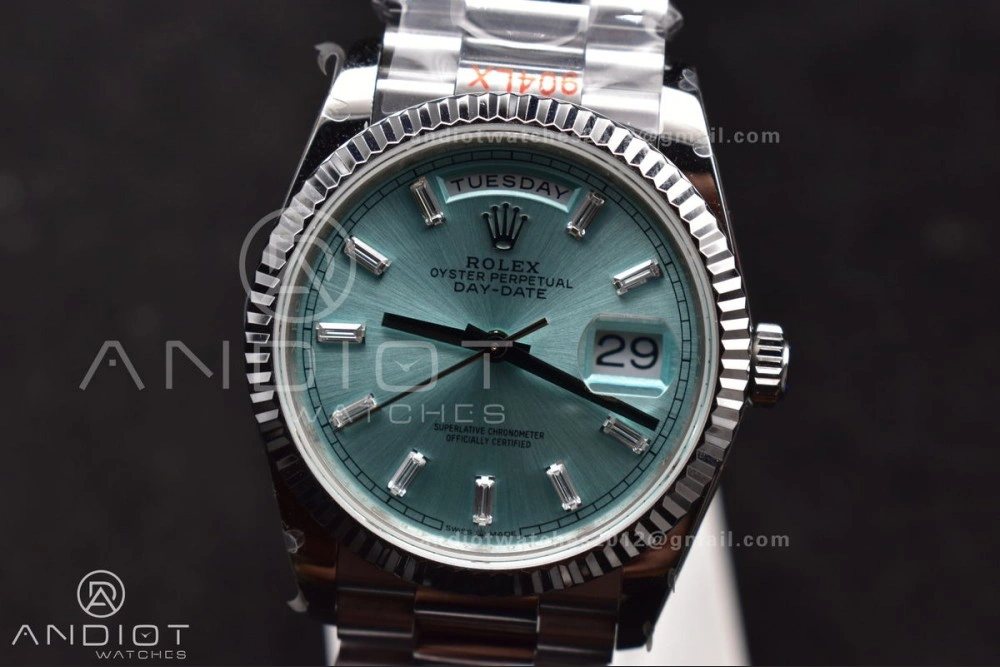 DayDate 36 SS QF Best Edition 904L Steel Light Blue Dial with Stick Diamond on President Bracelet vr3255 V5 (Gain Weight)