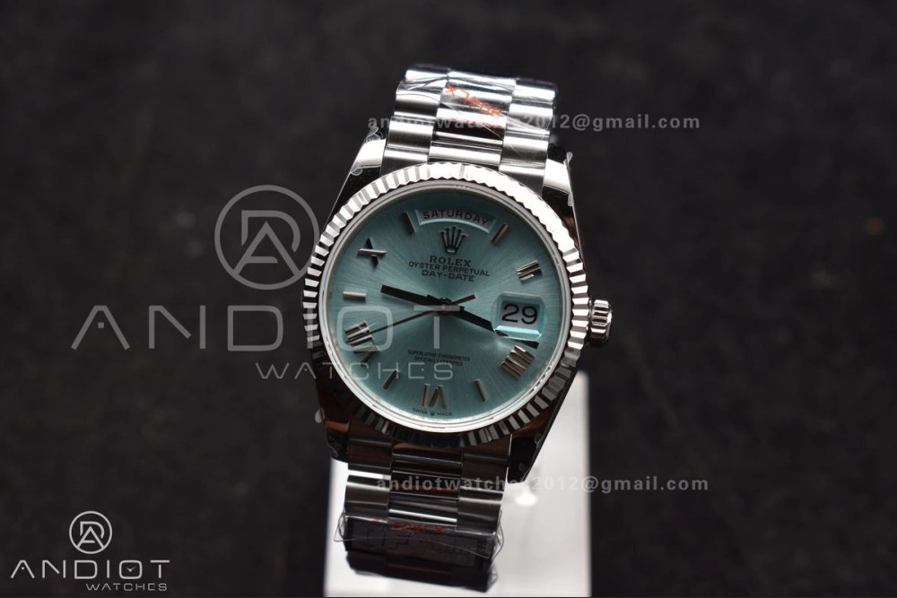 DayDate 36 SS QF Best Edition 904L Steel Light Blue Roman Dial on President Bracelet vr3255 V5 (Gain Weight)