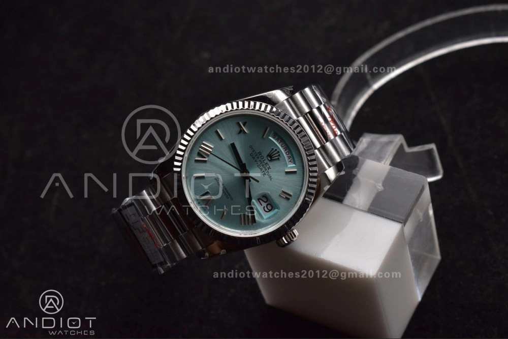 DayDate 36 SS QF Best Edition 904L Steel Light Blue Roman Dial on President Bracelet vr3255 V5 (Gain Weight)