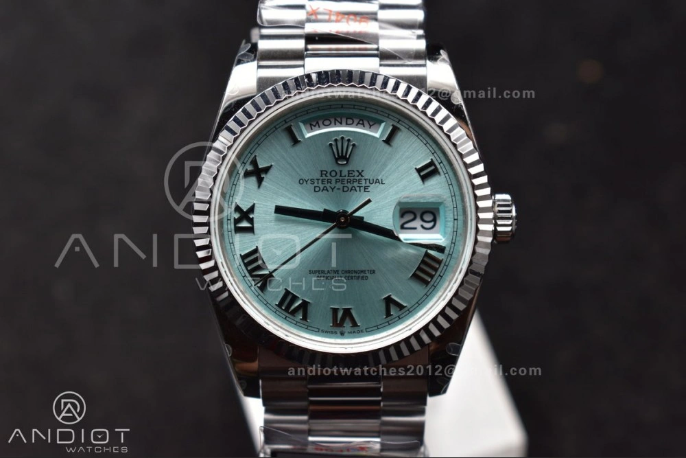 DayDate 36 SS QF Best Edition 904L Steel Light Blue Roman Dial on President Bracelet vr3255 V5 (Gain Weight)
