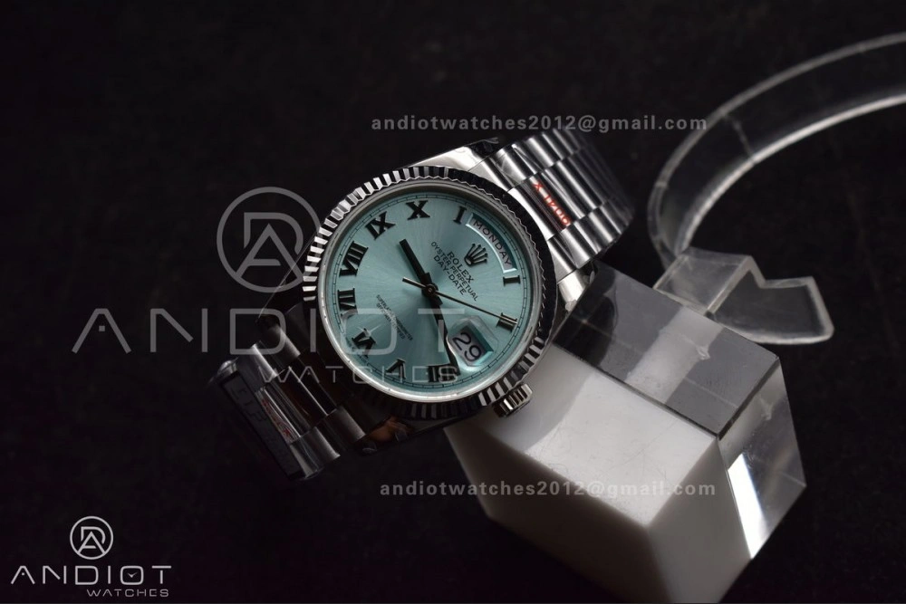 DayDate 36 SS QF Best Edition 904L Steel Light Blue Roman Dial on President Bracelet vr3255 V5 (Gain Weight)