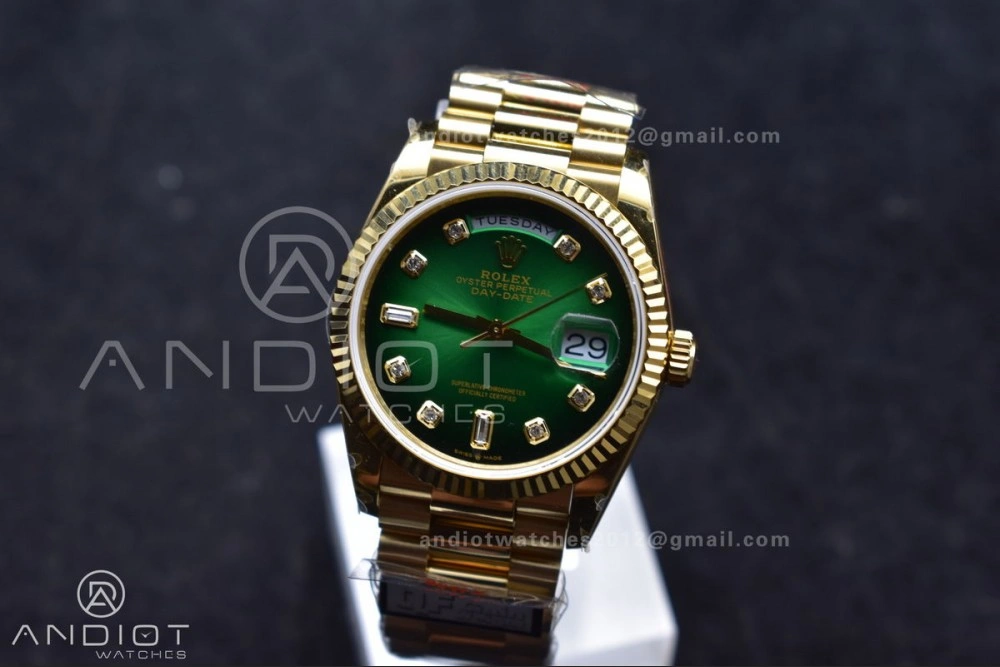 DayDate 36 YG QF Best Edition 904L Steel Faded Green Dial with Square Diamond on President Bracelet vr3255 V5 (Gain Weight)